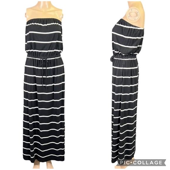 J Crew Womens Maxi Dress Strapless Blouson Striped Black White Pockets XS - Picture 1 of 9